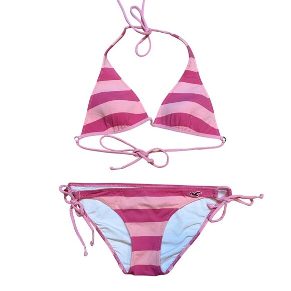 Y2K Hollister Pink Stripe Triangle Bikini Set S - Picture 1 of 5